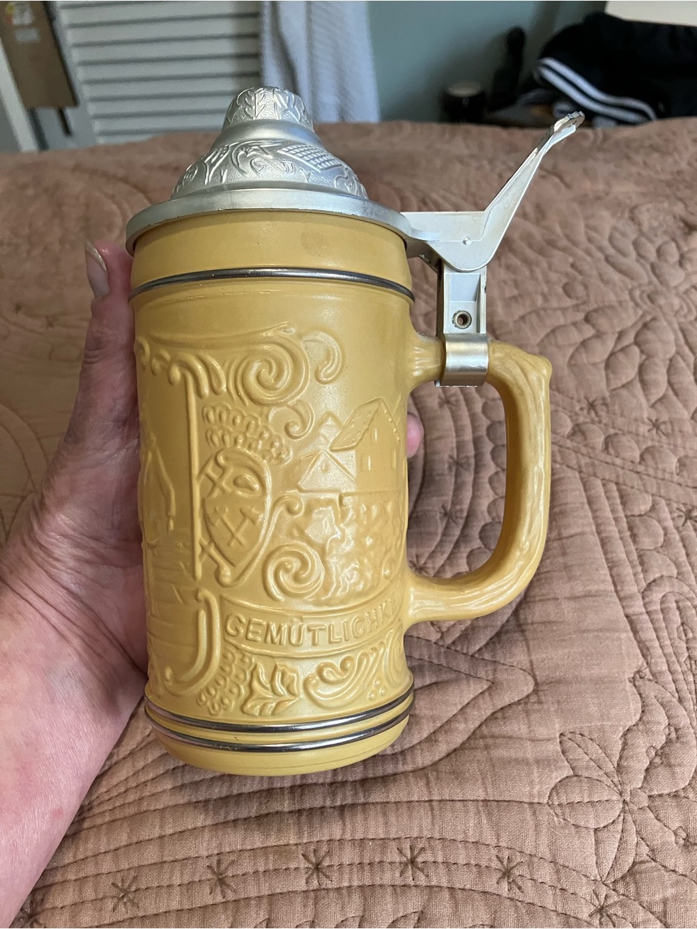 Vintage Tan or Mustard Yellow German Ceramic Beer Stein in